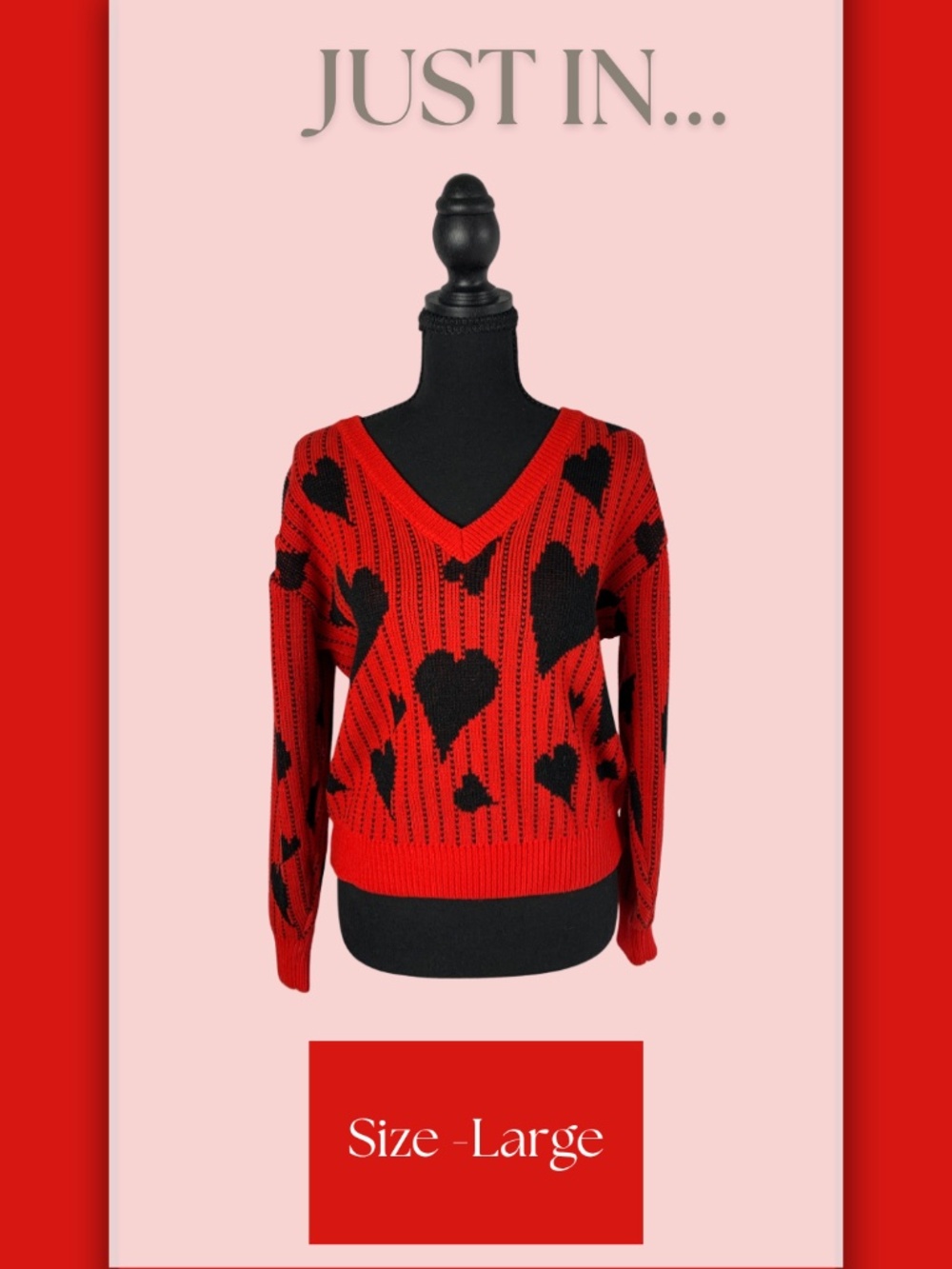 Heart Print All Over V-Neck Sweater Red Black L Romance Feminine Boho